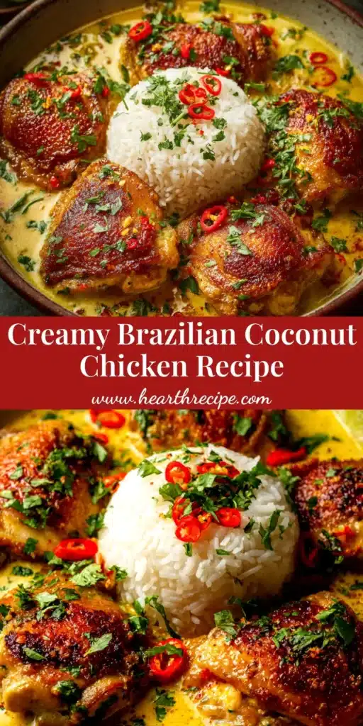 A stunning overhead shot of creamy Brazilian Coconut Chicken in a white bowl, garnished with fresh cilantro and lime wedges, ready to be pinned.