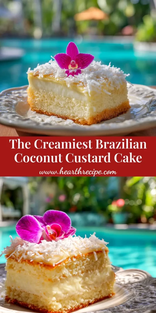 Brazilian Coconut Custard Cake: The Ultimate Easy Recipe 4 A pin-style image showcasing the easy Brazilian Coconut Custard Cake recipe, with text overlay inviting users to try this creamy and delicious dessert.