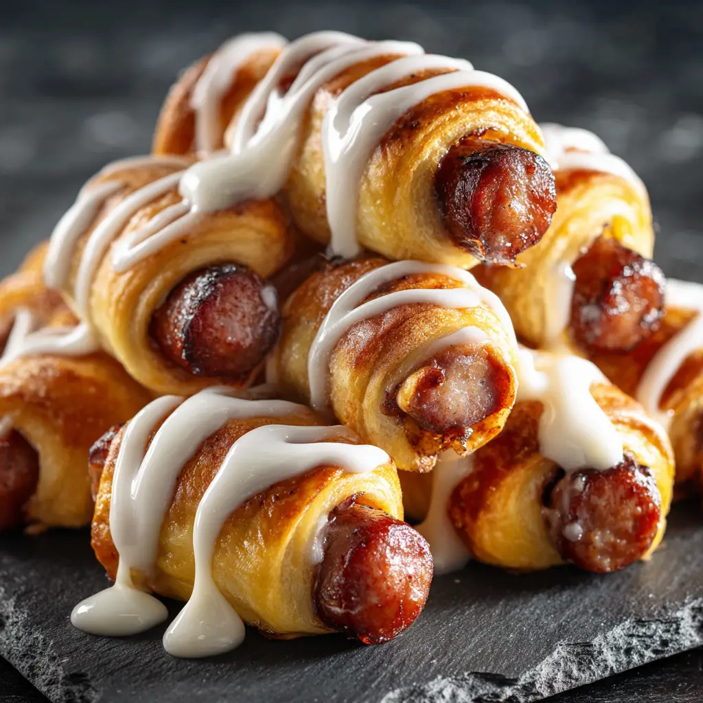 A baking dish filled with breakfast pigs in a blanket made with cinnamon rolls, ready to be served.
