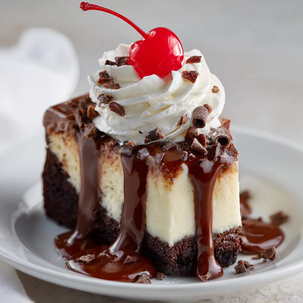Hot Fudge Sundae Brownie Cheesecake: The Ultimate Guide 2 A perfect slice of brownie bottom cheesecake on a white plate, showcasing the distinct layers of fudgy brownie and creamy chocolate cheesecake.