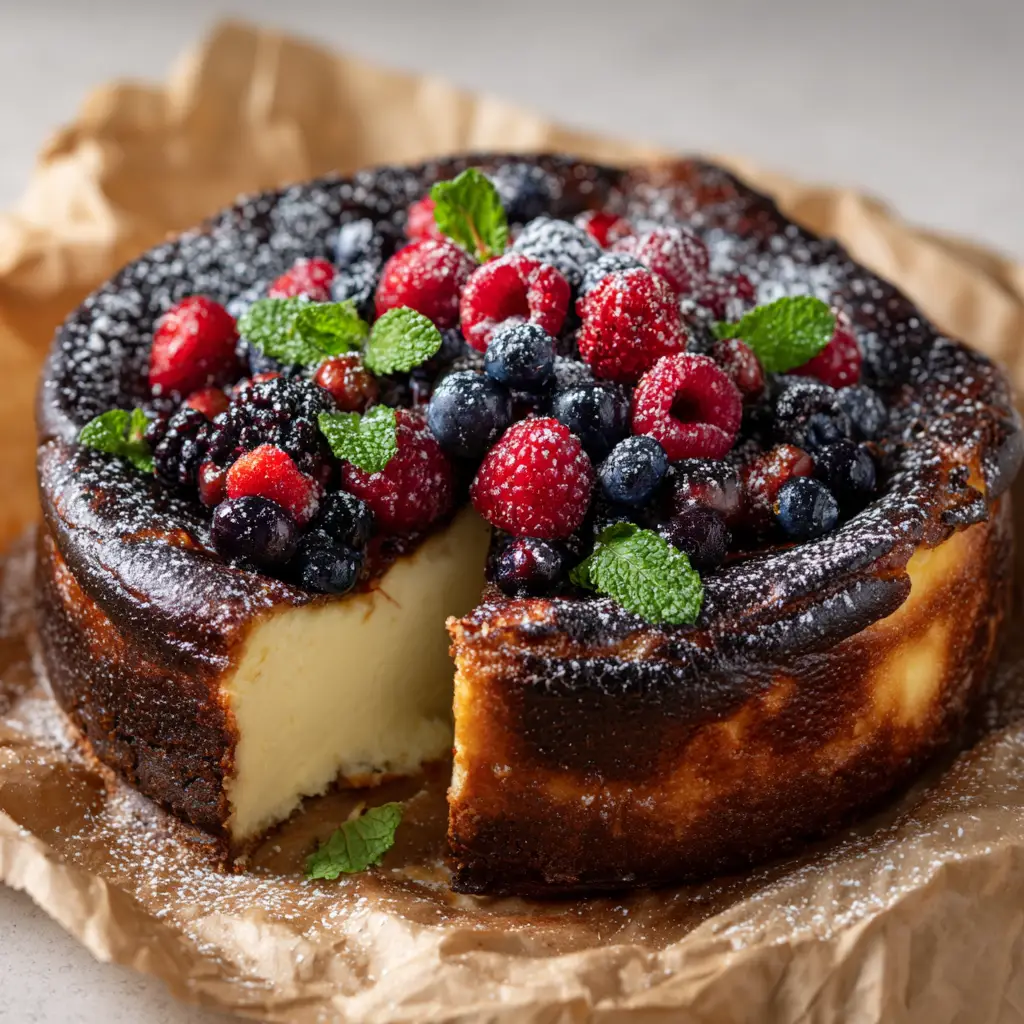 A top-down view of the Citrus Berry Burnt Cheesecake, highlighting the beautiful texture and dark brown color of the caramelized top.