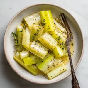 An overhead view of buttery cooked leeks in a pan, showcasing their tender texture and golden color. A simple leek side dish.