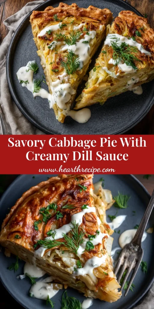 An overhead shot of a freshly baked Cabbage Pie in a rustic dish, with a slice taken out to show the savory cabbage and egg filling.