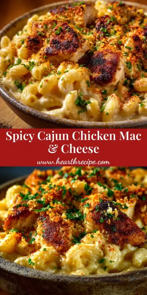 A top-down view of a skillet filled with creamy Cajun chicken mac and cheese, garnished with fresh parsley.