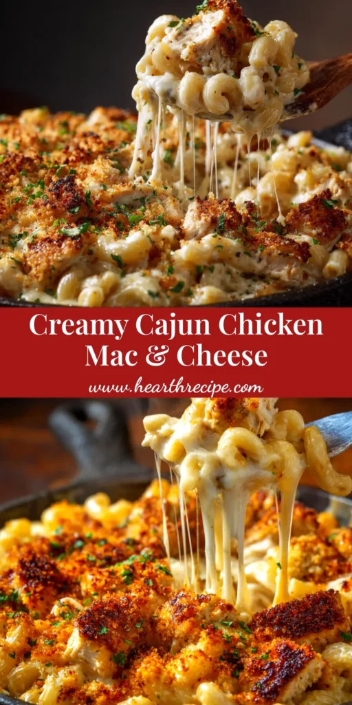 A large skillet filled with creamy Cajun Chicken Mac and Cheese, garnished with fresh parsley. The title text reads 'The Best Cajun Chicken Mac & Cheese'.