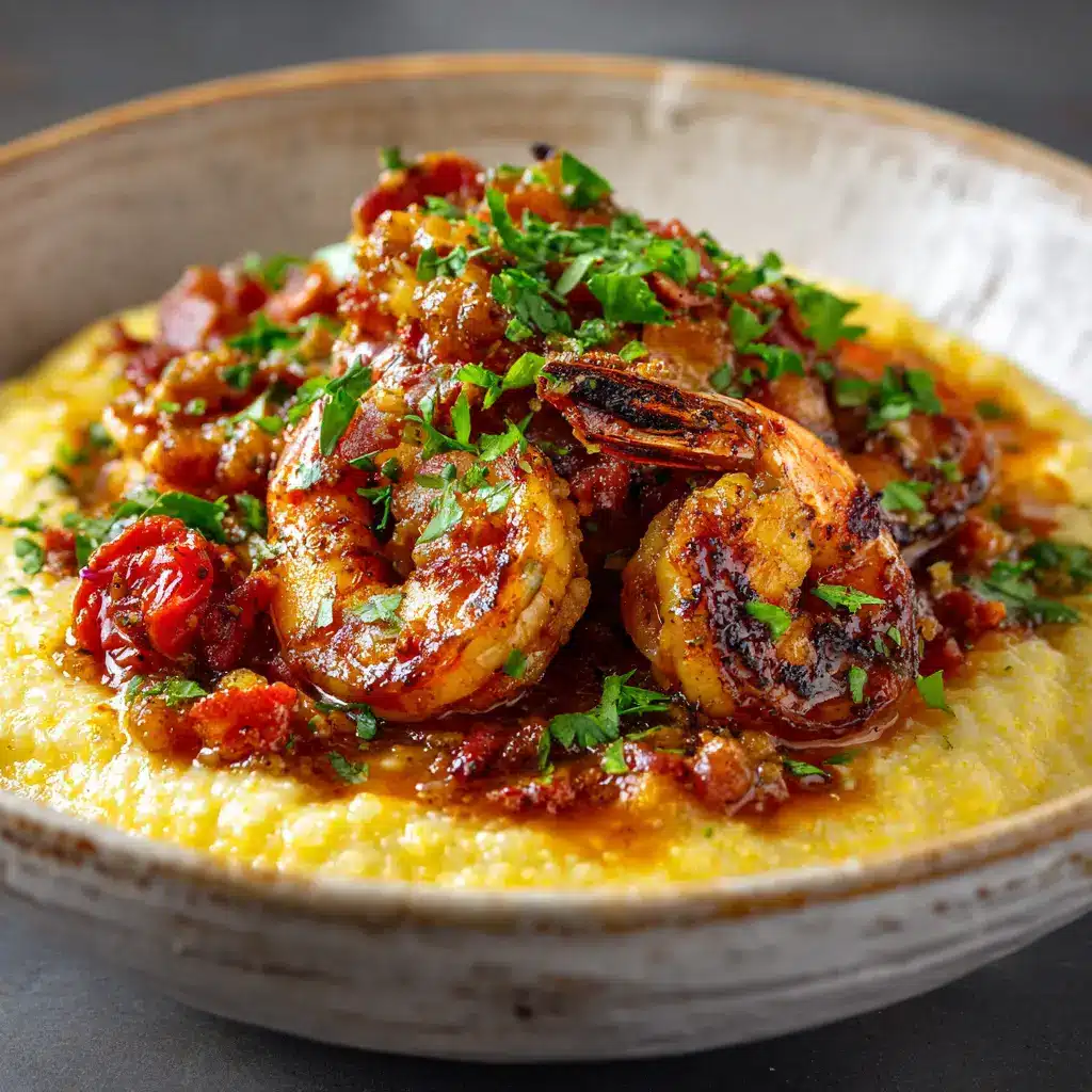 A close-up of savory Cajun shrimp being cooked in a skillet with a flavorful sauce for the shrimp and grits recipe.