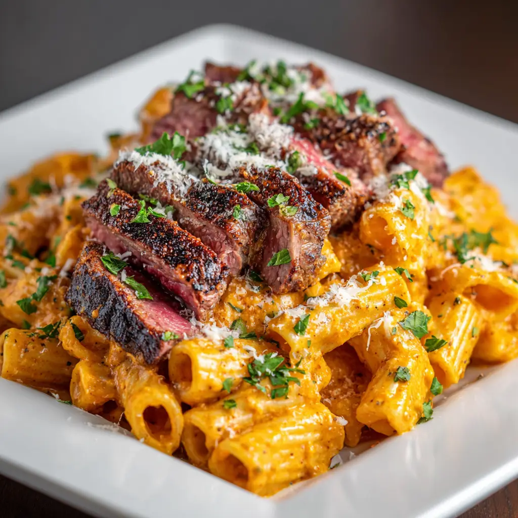 A side-angle view of the spicy steak pasta in a skillet, showing the colorful bell peppers, onions, and creamy sauce.