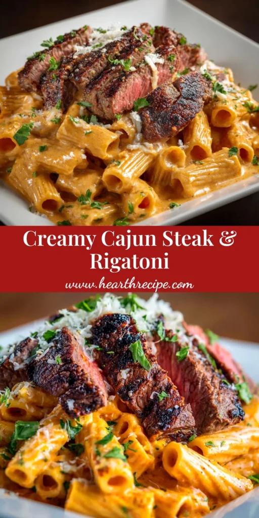 A close-up shot of creamy Cajun Steak Pasta in a white bowl, garnished with fresh parsley. The pin text overlay reads 'Creamy Cajun Steak Pasta - The Best Spicy Pasta Recipe!'.