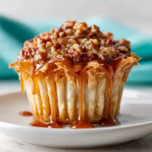 An extreme close-up of a single caramel pecan baklava cup, showcasing the crispy, layered phyllo dough and the rich, nutty pecan filling.
