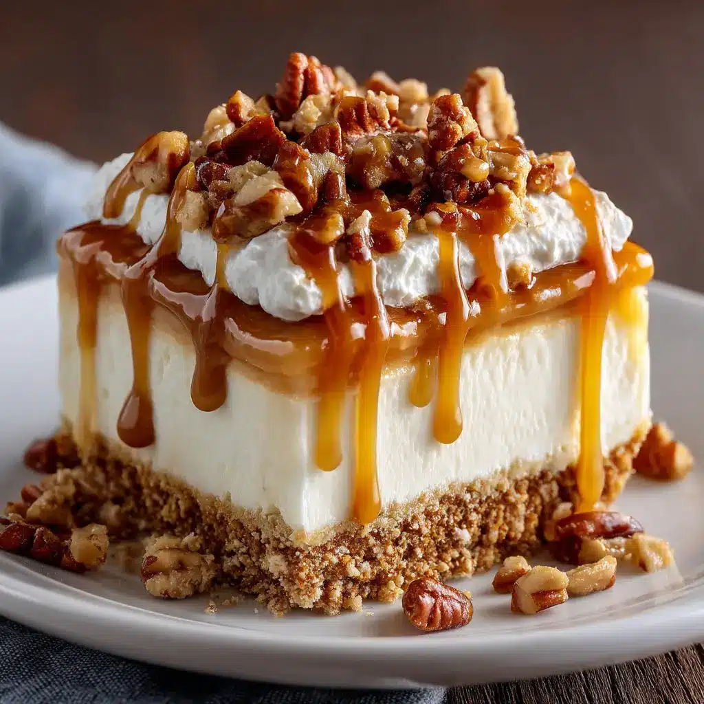 A 9x13 inch baking dish filled with no-bake caramel pecan lasagna, topped with drizzled caramel and chopped pecans before chilling.