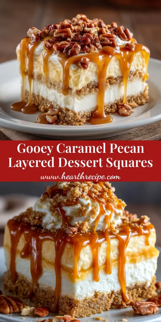 A hero shot of the Caramel Pecan Lasagna on a serving platter, showing off its distinct layers. The text overlay reads 'Easy No-Bake Caramel Pecan Lasagna Recipe.'