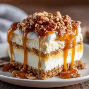 A perfectly square slice of layered caramel pecan delight on a white plate, showcasing the graham cracker crust and cream cheese layers.