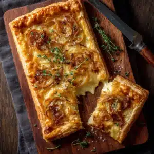 A close-up overhead view of the savory onion tart, showing the texture of the jammy caramelized onions and melted Gruyère cheese.