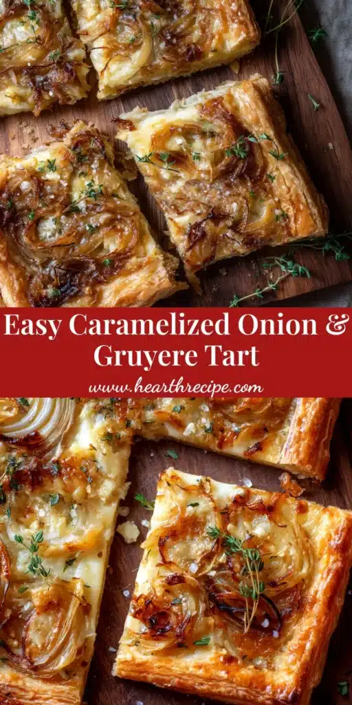 An overhead shot of a delicious rectangular Caramelized Onion Tart with a golden crust and rich, savory filling. The tart is garnished with fresh herbs.
