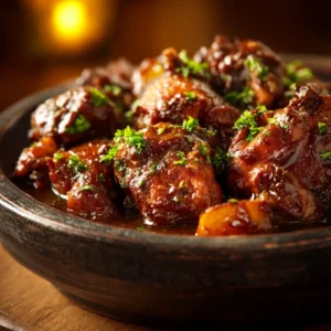 An extreme close-up of Caribbean chicken stew in a pot, showing the rich, dark gravy and tender pieces of chicken.