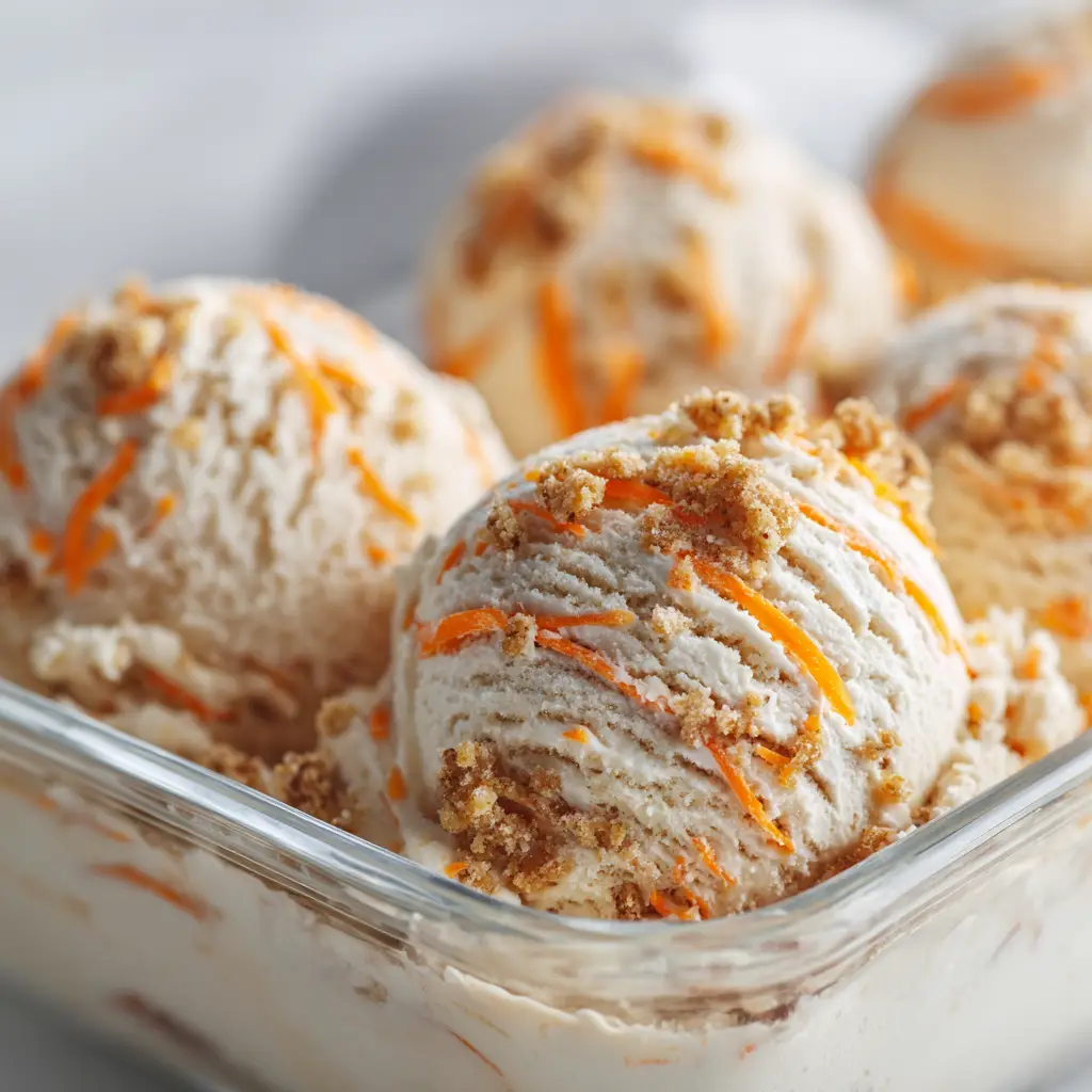 A close-up view of two scoops of carrot cake ice cream with a visible, thick cream cheese swirl.