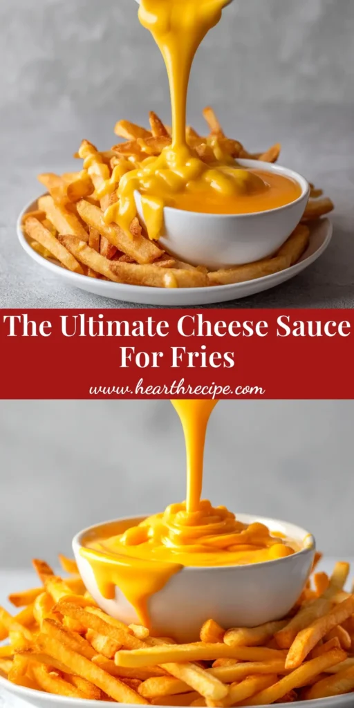 A sharable pin image showing a bowl of creamy cheese sauce for fries, with text overlay for Pinterest.