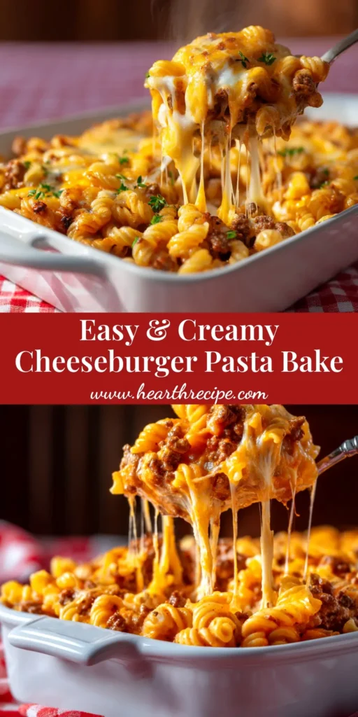 A delicious Cheeseburger Pasta Casserole in a white baking dish, topped with melted cheddar cheese and fresh parsley. The perfect easy weeknight dinner recipe.