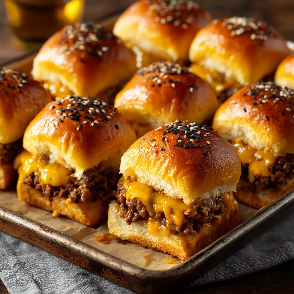 A close-up of a single Hawaiian Roll Cheeseburger Slider being pulled from the pan, showing the layers of beef and melted cheese.