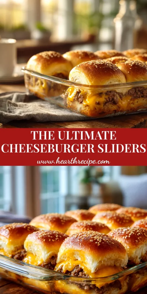 A pan of golden-brown baked cheeseburger sliders on Hawaiian rolls, with one being pulled away to show the gooey, melted cheese and seasoned beef filling.