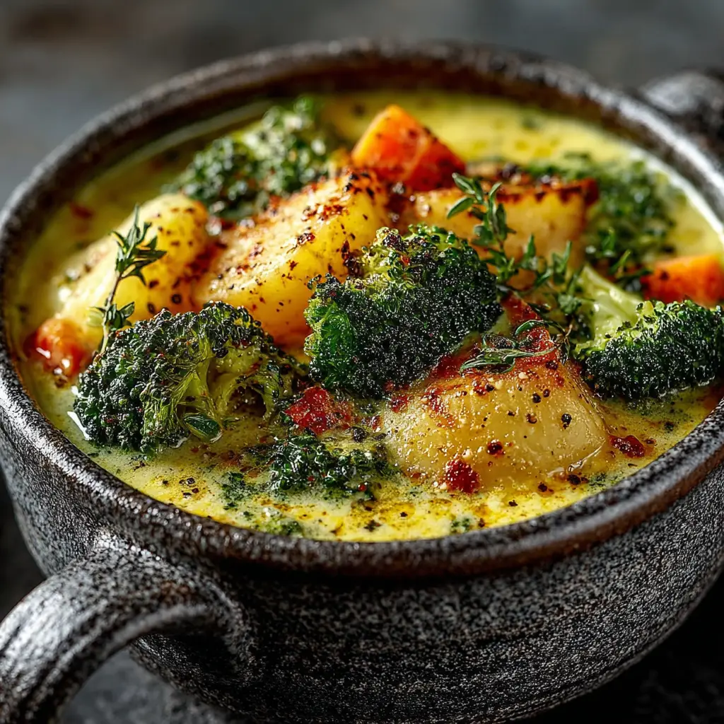 A spoonful of cheesy broccoli potato soup being lifted from a bowl, showing off its thick and creamy texture.