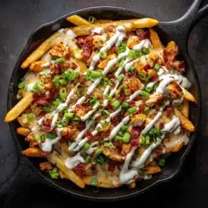 An overhead shot of cheesy chicken bacon ranch fries on a dark surface, highlighting the golden fries and melted cheddar.