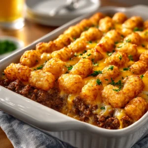 A scoop of cheesy ground beef tater tot casserole being lifted from a white baking dish, showing the creamy interior with green beans.