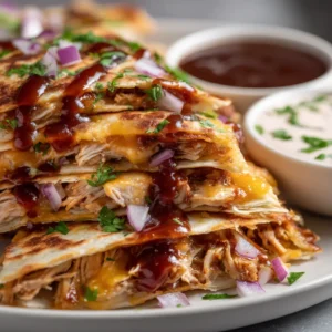 An extreme close-up of a golden-brown quesadilla being pulled apart, showing the melted cheese and shredded hot honey BBQ chicken inside.
