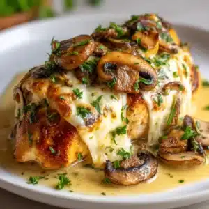 A close-up shot of a sliced cheesy mushroom chicken breast, with melted Gouda cheese and mushrooms spilling out. The chicken has a perfect golden-brown sear.