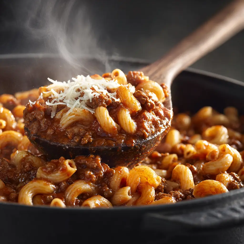 A spoonful of cheesy one-pot goulash being lifted from a bowl, showcasing the melted cheddar and tender macaroni.