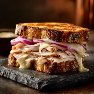 A perfectly grilled turkey dijon melt sandwich on a plate, with a side of pickles. The bread is golden brown and the cheese is visibly melted.
