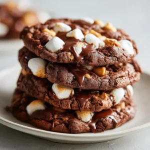 A close-up shot of chewy chocolate peanut butter cookies with marshmallows, highlighting the soft texture and rich cocoa color.