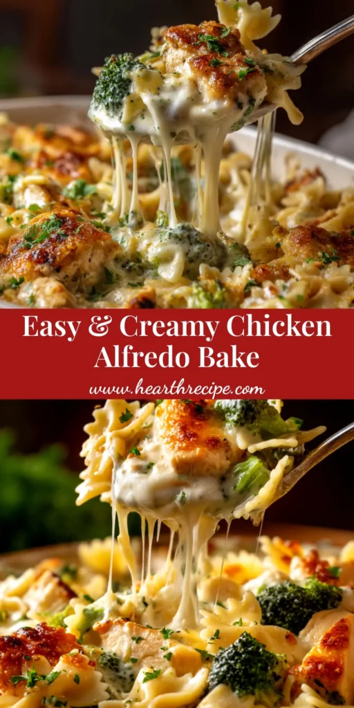 A delicious and creamy Chicken and Broccoli Alfredo Bake in a white baking dish, ready to be served. The perfect weeknight dinner recipe.