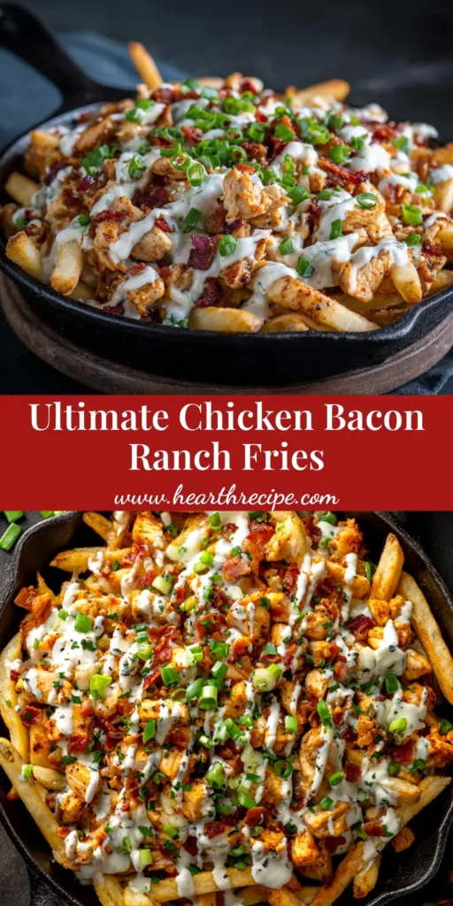 A large platter of homemade chicken bacon ranch fries, with melted cheese, crispy bacon, and a drizzle of ranch dressing, ready to be shared.