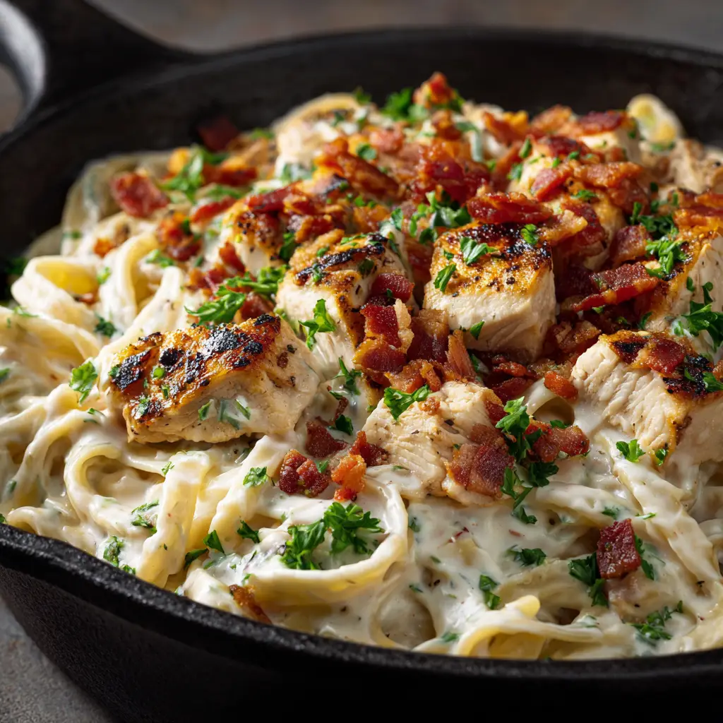 A fork lifting a bite of chicken bacon ranch pasta from a bowl, showcasing the melted cheese and creamy texture.