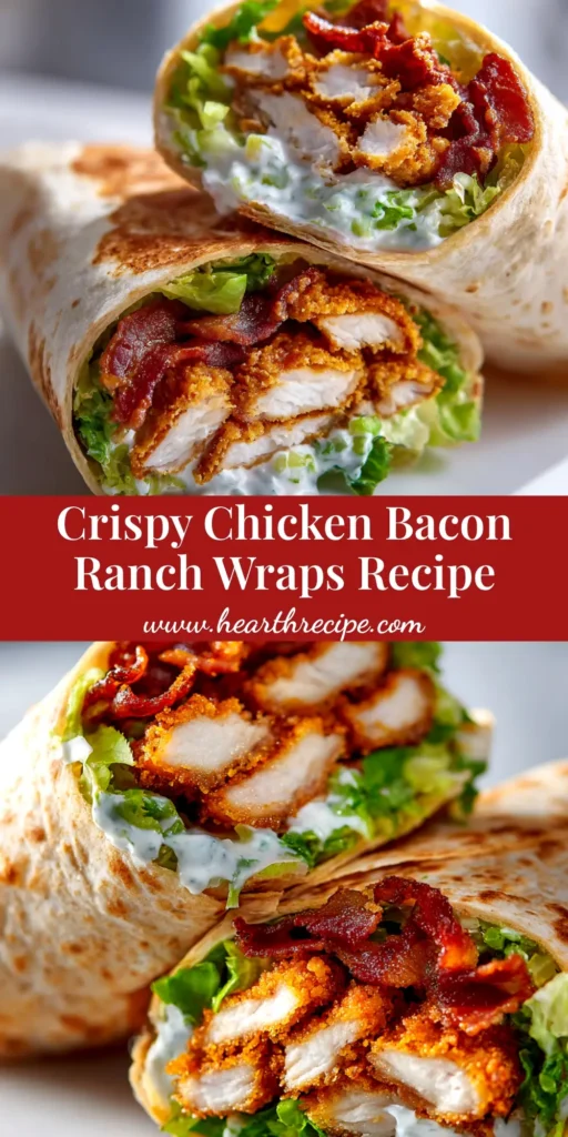 A delicious Chicken Bacon Ranch Wrap cut in half to show the inside fillings of chicken, bacon, lettuce, and tomato, resting on a wooden board.