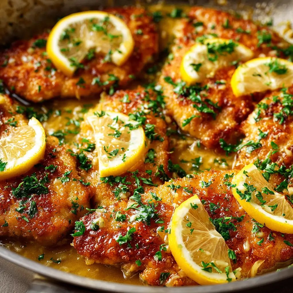 A pan of finished Chicken Francese simmering in a luscious, silky lemon butter and white wine sauce, garnished with fresh lemon slices.