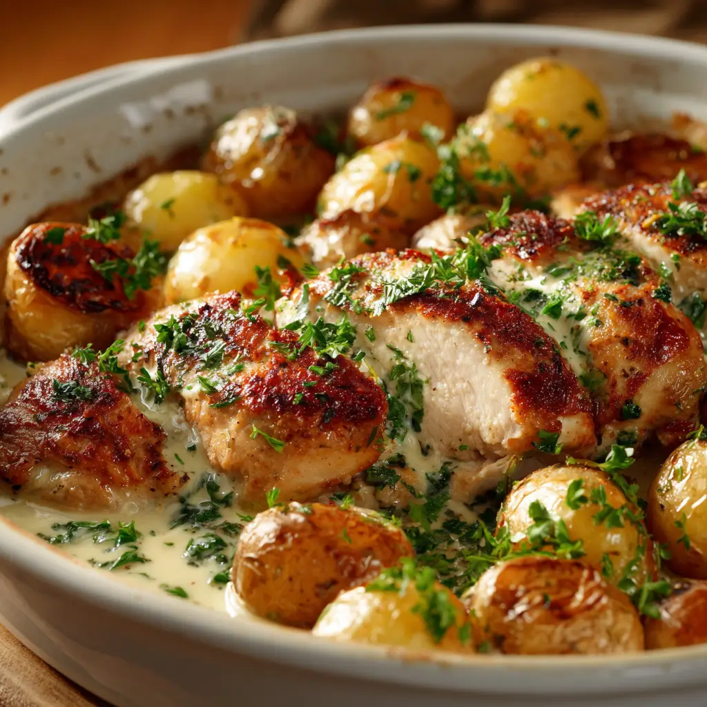 A piece of chicken in cream sauce being lifted from the skillet with a fork, showcasing the luscious and velvety texture of the sauce.