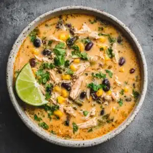 An overhead close-up of a bowl of creamy chicken poblano soup, showcasing the chunks of chicken, corn, and black beans in a rich broth.