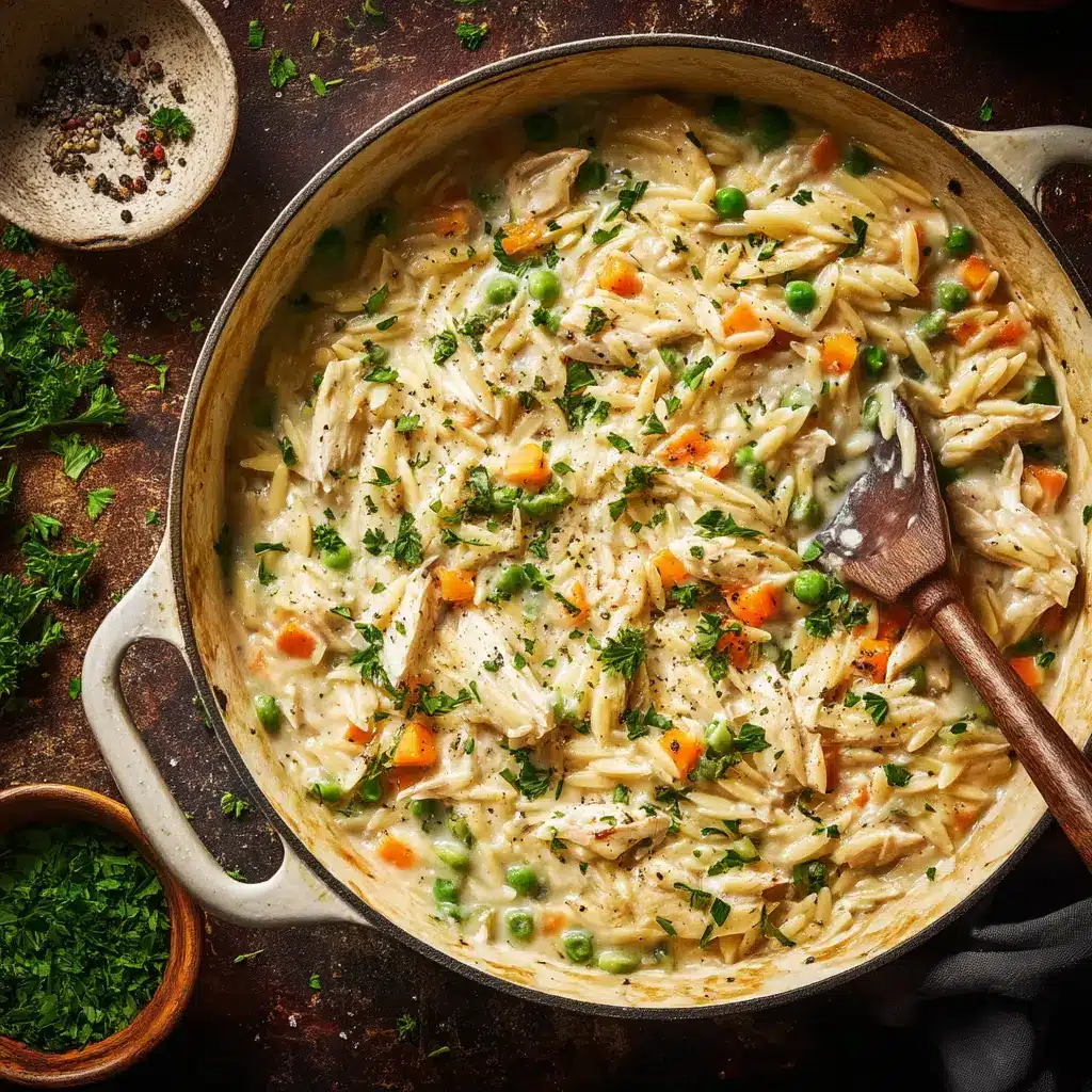 A close-up shot of a spoonful of chicken pot pie orzo, highlighting the creamy sauce, tender chicken, and colorful vegetables. This shows the delicious texture of the comfort food recipe.