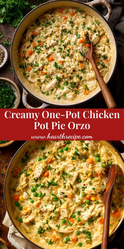 A vibrant overhead shot of the finished Chicken Pot Pie Orzo Recipe in a white bowl, garnished with fresh parsley. The perfect pin to showcase this creamy one-pot meal.