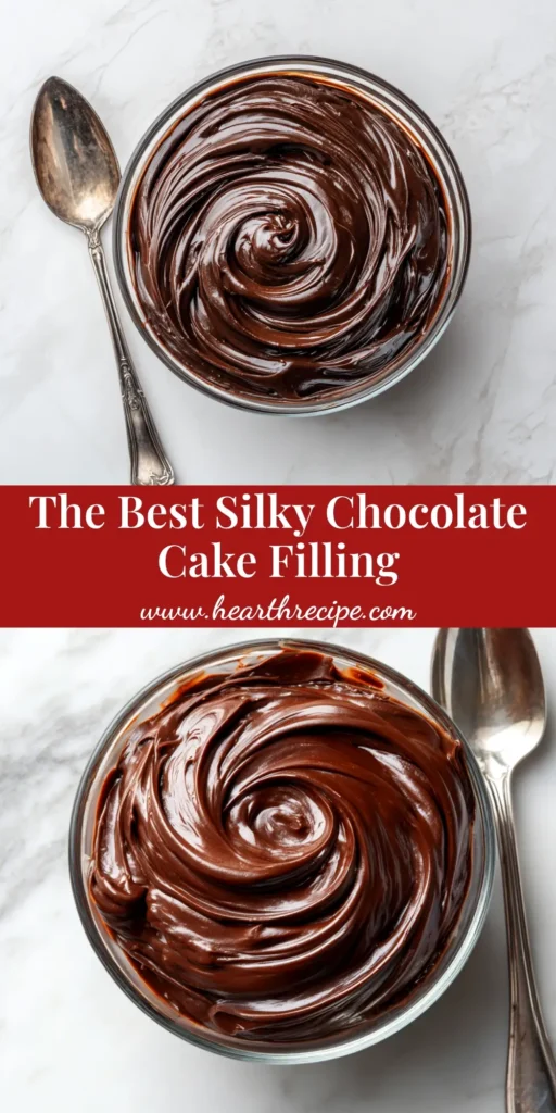A rich and stable chocolate cake filling recipe swirled in a bowl, perfect for layer cakes. The pin text reads 'The Only Chocolate Cake Filling You'll Ever Need'.