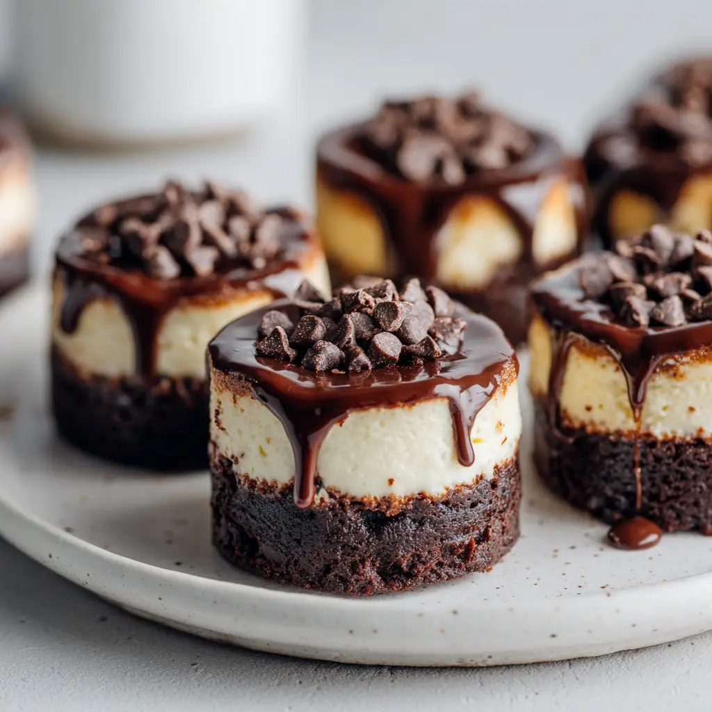 A collection of individual chocolate cheesecake bites with brownie bottoms, illustrating the perfect party dessert portion.
