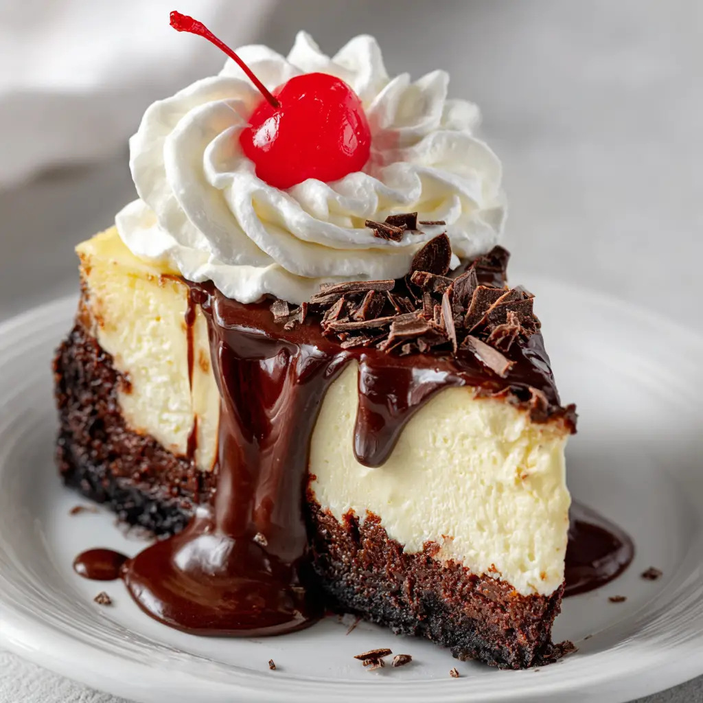 Hot Fudge Sundae Brownie Cheesecake: The Ultimate Guide 1 The full chocolate cheesecake with a brownie crust cooling on a wire rack before toppings are added.