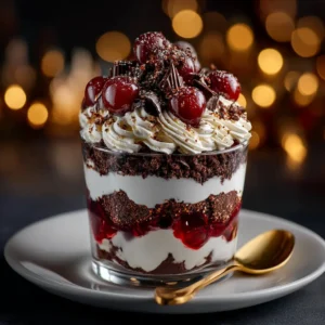 A single serving of chocolate cherry trifle in a glass, highlighting the layers of rich brownie cubes, cherry filling, and whipped cream topping.