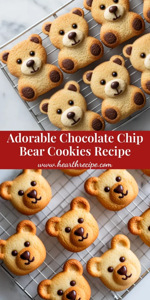 A shareable pin image of adorable Chocolate Chip Bear Cookies on a cooling rack, with text overlay for Pinterest.