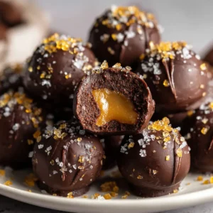 A close-up macro shot of rich, dark chocolate Salted Caramel Fudge Balls piled together, highlighting their smooth texture.