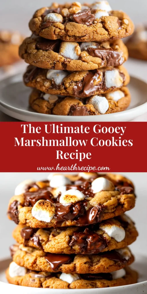 A delicious stack of homemade Chocolate Peanut Butter Marshmallow Cookies, with gooey marshmallows and melted chocolate chips visible. The perfect easy cookie recipe.