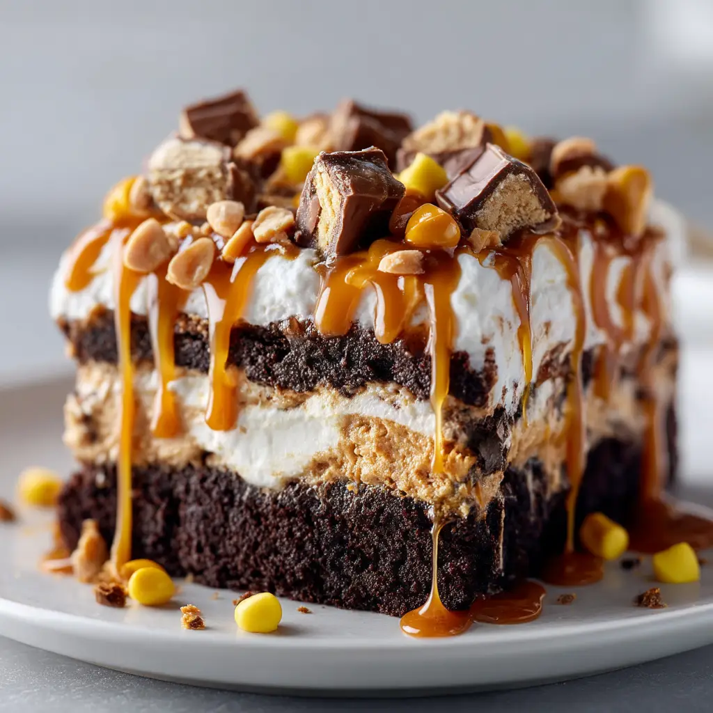 A 9x13 pan of the finished Chocolate Peanut Butter Poke Cake, topped with chocolate frosting and chopped Reese's peanut butter cups.
