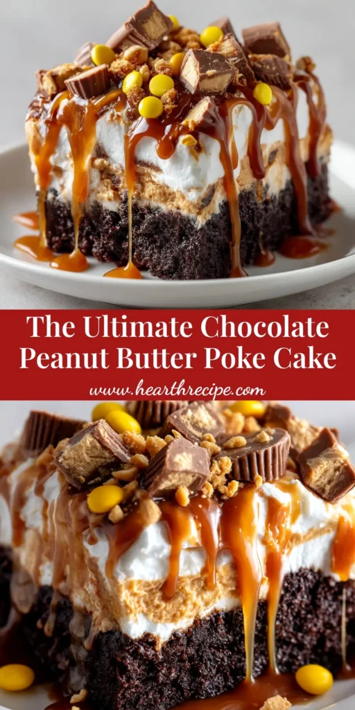 A delicious slice of Chocolate Peanut Butter Poke Cake on a white plate, showcasing its moist texture and rich chocolate frosting topped with peanut butter cups.
